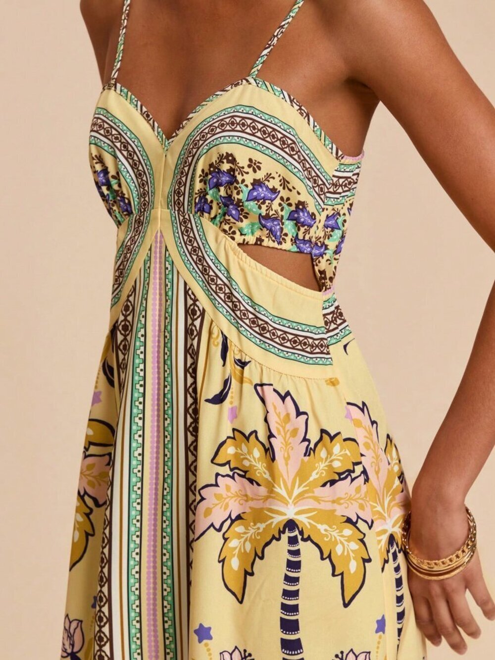 Multicolor Boho Women's Halter Dress with Cutout Waistband and Side Slits - Picture 7 of 7